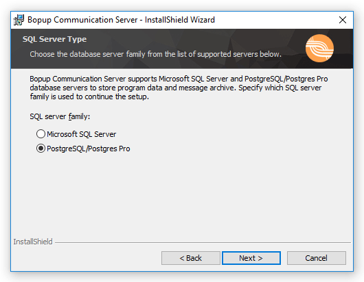 Choose PostgreSQL/Postges Pro database server family to proceed the setup